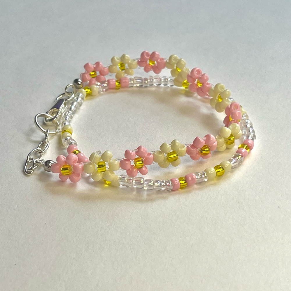 Pink Sunrise Floral Beaded Bracelet Set - Handmade